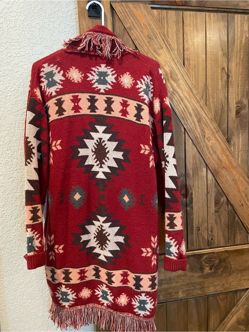JODIFL Red Aztec Fringe Open-Front Cardigan